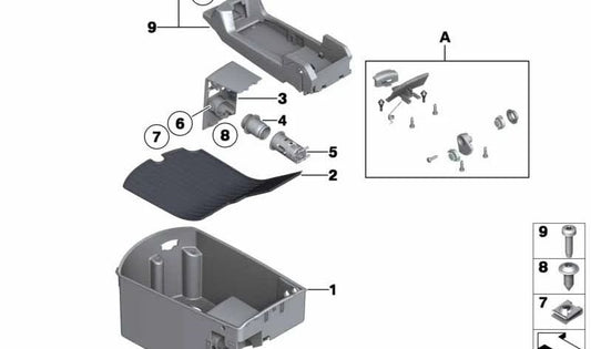 Caja organizadora reposabrazos central OEM 51169179823 para BMW F01, F02, F04 (Serie 7). Original BMW.