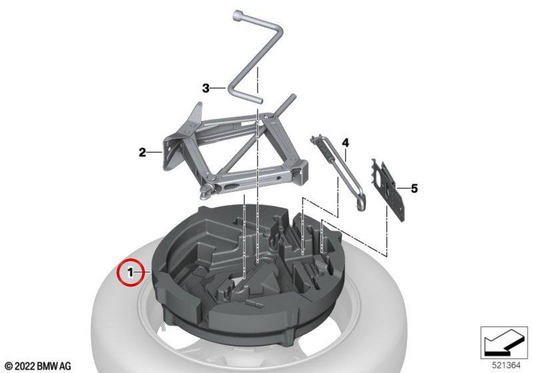Organisieren von Tablett für Reserverad OEM 71105A65D65 für BMW G60 {530E, 550E XDRIVE, I5 M60 XDRIVE, I5 eDrive40, i5 xDrive40}. Original BMW.