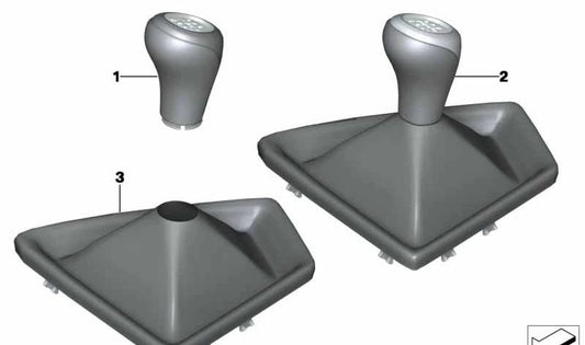 Wechselknopf 6 Ledermärsche mit Hebelabdeckungen OEM 25117596078 für BMW F30, F30N, F31, F34, F35, F35N, F32, F33, F36. Perlated Chrom Finish. Original BMW.