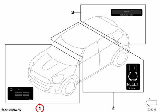 Hinweisschild zur Motorkennzeichnung OEM 71220933608 für MINI R50, R53, Clubman R55, Cabrio R52 und Countryman R60 mit Linkslenkung. Original MINI
