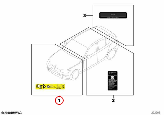 Warnschild für Hochdruck-Kraftstoffsystem OEM 71227567766 für BMW 3er E91 LCI 320d EfficientDynamics und E92 LCI 318i. Original BMW