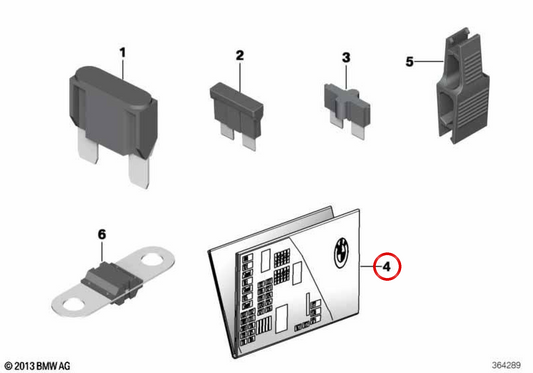 OEM fuse assignment card 71236838809 for BMW F90, G30, G31, G38, G32, G11, G12, G14, G15, G16, F39, G01, G08, F97, G02, F98, G05, G18, F95, G06, F96, G07. Original BMW.