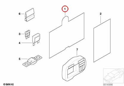 OEM 71236934435 fuse assignment card for BMW E63, E64. Original BMW.