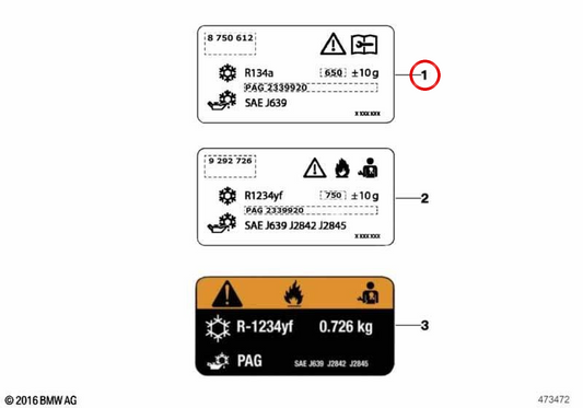 Rótulo de agente frigorífico 480 ± 15 g OEM 71236992810 para MINI F54, F55, F56, F57 y F60. Original MINI
