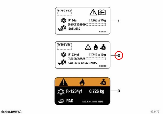 Étiquette de réfrigérant R1234yf 480 ±15 g OEM 71236995694 pour MINI F54 Clubman, F55, F56 et F57 Cabrio. Original MINI