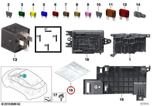 Carte OEM FUSE 71239337415 pour BMW F45, F46, F48, F39. BMW d'origine.