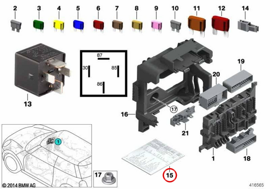 Plano, kit de fusíveis OEM 71239352171 para MINI F56, F55, Clubman F54, Cabrio F57, Countryman F60... e muito mais. MINI originais.