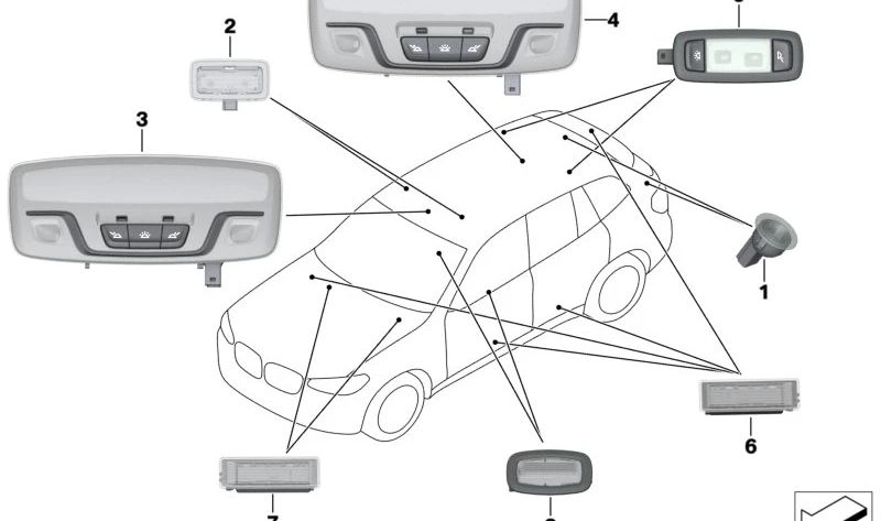 Luz de lectura LED interior trasera central OEM 63316848616 para BMW G01, G01N, G02, G02N, G08, G11N, G12N, G31N, G38. Original BMW.