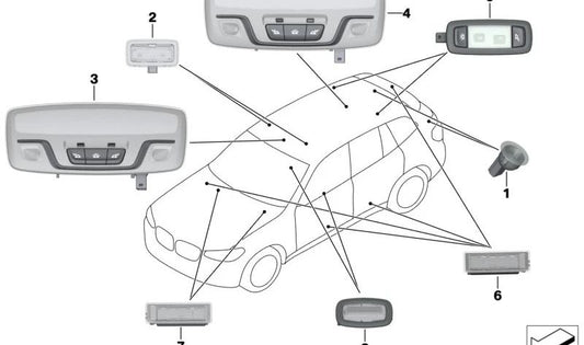 Luz de lectura LED interior trasera central OEM 63316848616 para BMW G01, G01N, G02, G02N, G08, G11N, G12N, G31N, G38. Original BMW.