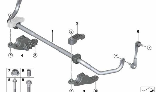 Barra estabilizadora delantera con silentblocks OEM 31306873469 para BMW G11, G11N, G12, G12N (versiones con tracción total). Original BMW.
