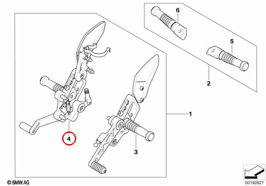 Descansa-pés direito OEM 71607714634 para motos BMW K 1300 S, K 1300 R, K 1200 S, K 1200 R e K 1200 R Sport. Original BMW Motorrad