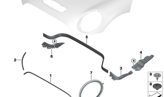 Alojamiento junta capó delantero derecho OEM 51767300562 para MINI F55, F56, F57... y más. Original MINI.