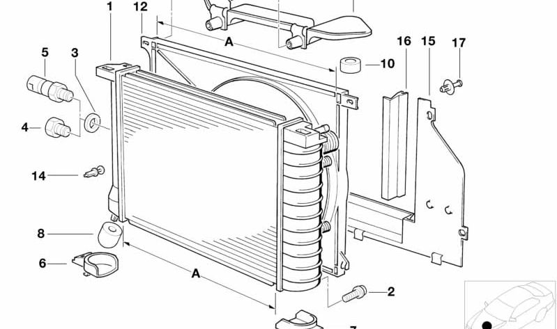 Soporte del ventilador radiador OEM 17111712846 para BMW E30 320i (todos los motores M20, manual y automático, de 1982 a 1991). Original BMW.