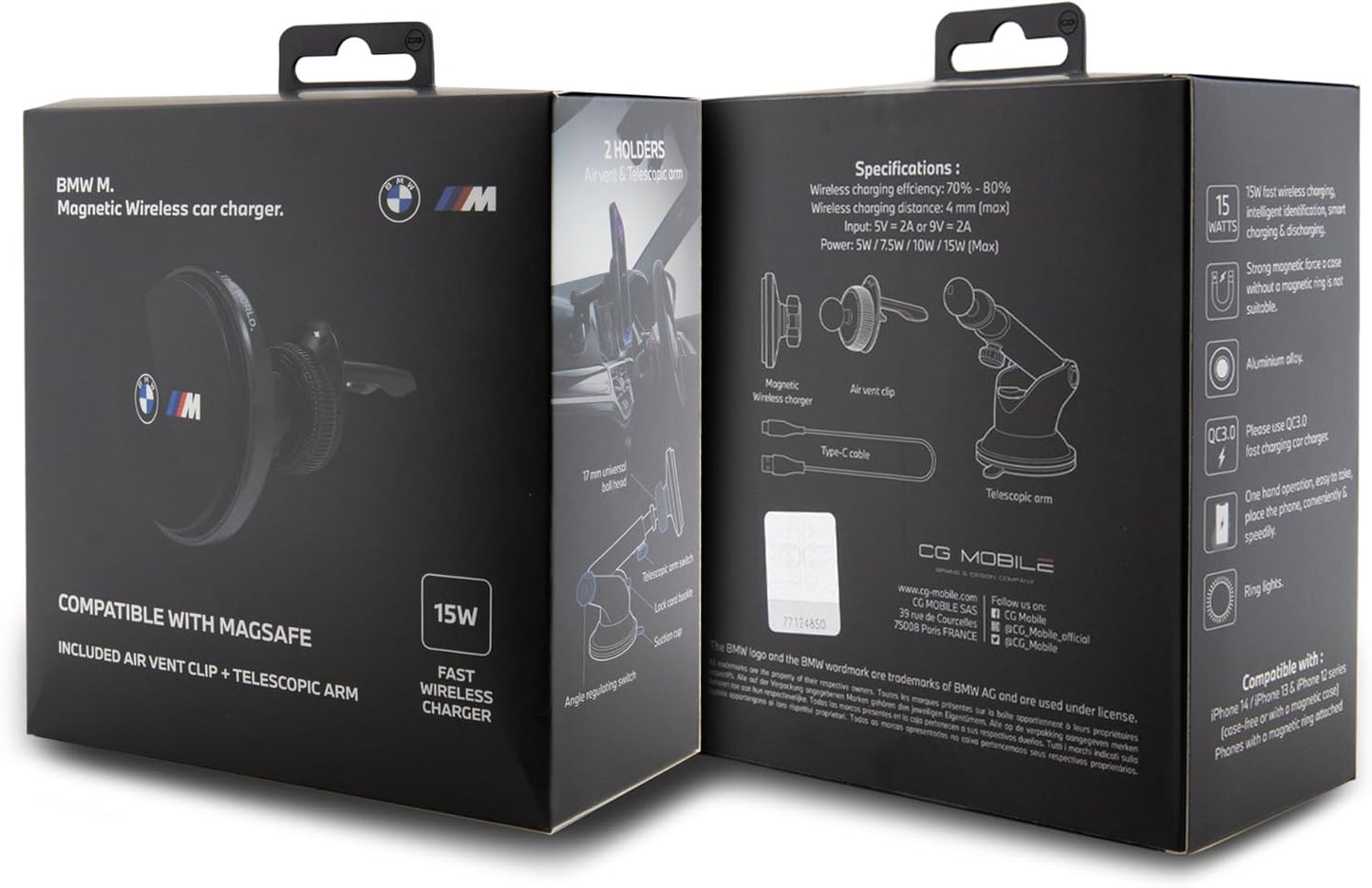 Soporte de móvil Apple / Android - BMW M original con cargador inalámbrico rápido de 15W – Manos libres magnético para coche