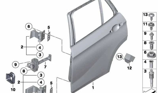 Bisagra puerta trasera inferior izquierda OEM 41522993113 para BMW E84. Recambio original BMW.