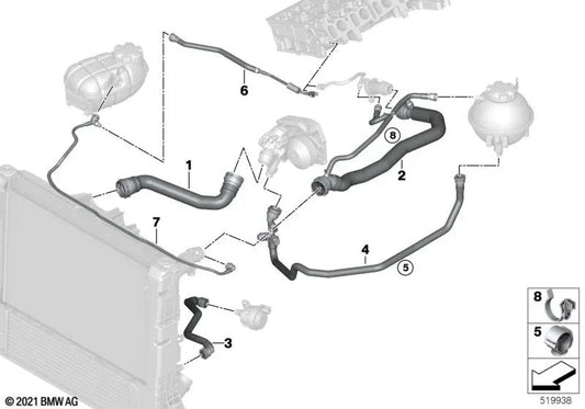 Mangueira de refrigerante para BMW 1 F20N Series, F21N Series 2 F22, F23 Série 3 F30, F31, F34 Série 4 F32, F33, F36 (OEM 17128514050). BMW original.