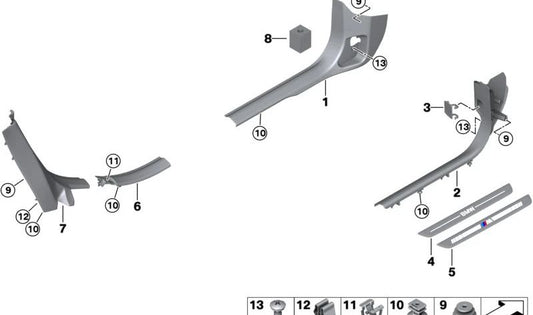 Moldura entrada puerta trasera izquierda OEM 51477952089 para BMW U06, U11, U10 (216i, 218i, 218d, 220d). Pieza original BMW.
