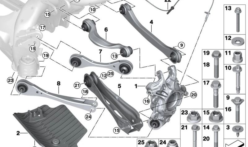 Tornillo excéntrico de ajuste suspensión trasera OEM 33306859683 para BMW I12, I12N, I15, G08, G08F. Original BMW.