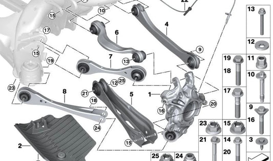 Tornillo excéntrico de ajuste suspensión trasera OEM 33306859683 para BMW I12, I12N, I15, G08, G08F. Original BMW.