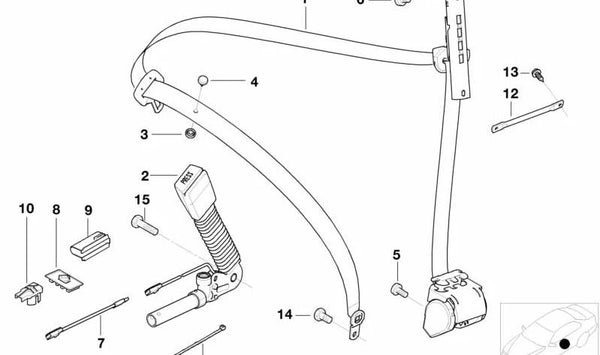 Cinturón de seguridad delantero derecho con limitador de fuerza OEM 72118240232 para BMW E46. Original BMW.