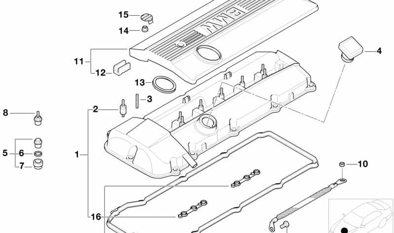 Tapa de culata OEM 11127512839 para BMW E46, E39, E60, E61, E65, E66, E83, E53, E85. Original BMW.