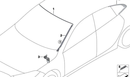 Canal de drenaje izquierdo OEM 51717453943 para BMW F40 y F44. Pieza original BMW. Ideal para cubrir zona del parabrisas y evacuar agua correctamente.