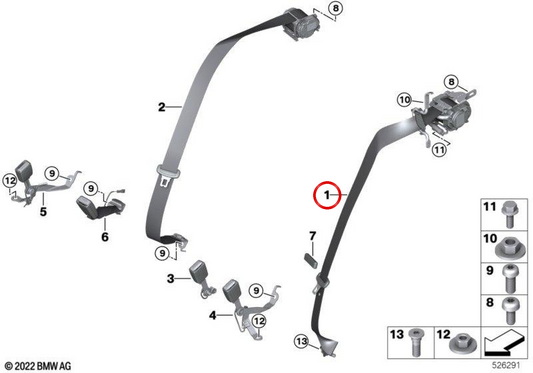 Ceinture de sécurité arrière droite OEM 72115A32E42 pour BMW G70. BMW d'origine.