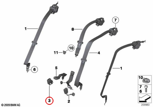 Cintura di sicurezza a destra OEM 72117243274 per BMW F10, F11. BMW originale.