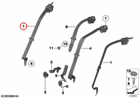 Cinturón de seguridad trasero OEM 72117289351 para BMW F06. Original BMW.