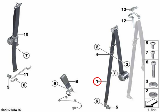 Front Left Seat Belt OEM 72117309419 for MINI R56, R56 LCI, Clubman R55, Clubman R55 LCI. Original MINI.