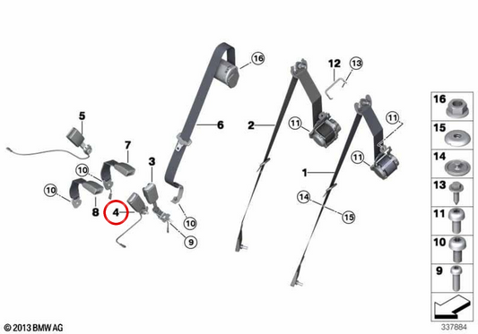 Cintura di sicurezza posteriore sinistra OEM 72117321443 per BMW F15, F85. BMW originale.