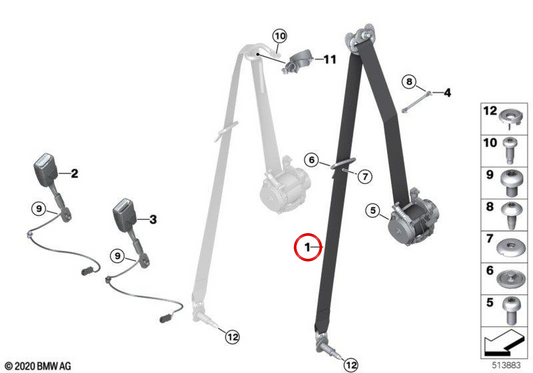 Ceinture de sécurité avant droite OEM 72117364786 pour MINI Clubman F54, F54 LCI. MINI d'origine.
