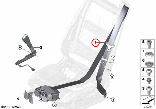 Cinturón de seguridad delantero derecho OEM 72117374380 para BMW F33, F83, F06, F12, F13. Original BMW.