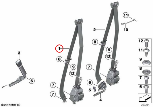 Rechte vordere Sicherheitsgurt 72117382318 für BMW F10, F11, F01, F02. Original BMW.