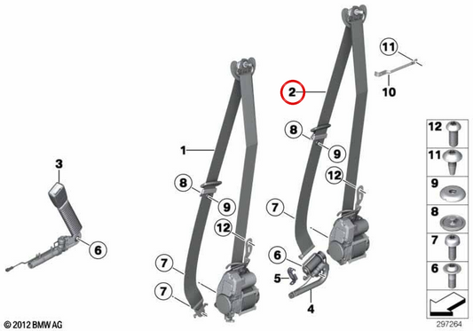Rechte vordere Sicherheitsgurt 72117382346 für BMW F10, F11. Original BMW.