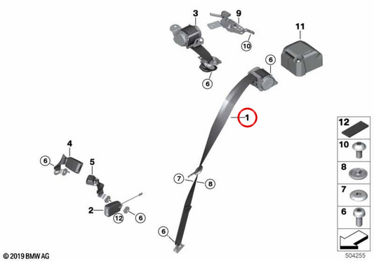 RIGHT SAFETY Belt OEM 72117425072 for BMW F45, F48, F49. Original BMW.