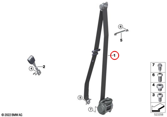 Rechte vordere Sicherheitsgurt 72117497880 für BMW G05, G18, F95, G06, F96, G07. Original BMW.