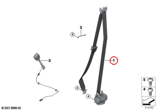 Cinturón de seguridad delantero derecho OEM 72117911596 para BMW iX (I20). Original BMW.