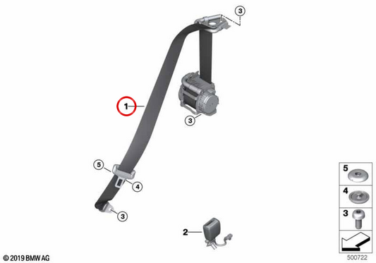 Left rear seat belt OEM 72118076151 for BMW F91, F92, G14. Original BMW.