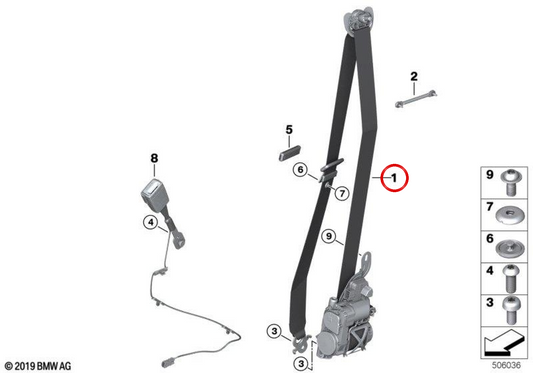 Cintura di sicurezza frontale destra 72118091972 per BMW F90, G30, G32. BMW originale.