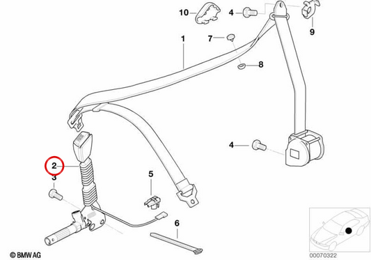 Lower seat belt with right tensor OEM 72118221014 for BMW E36, Z3, E52. Original BMW.