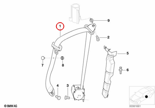 Right front safety belt with OEM strength limiter 72118241624 for BMW E52. Original BMW.