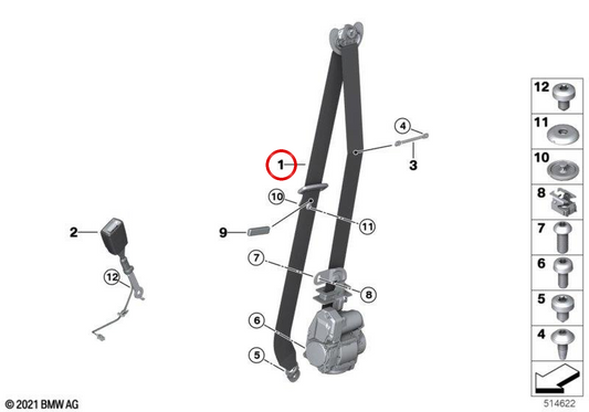 Cinturón de seguridad delantero derecho OEM 72118747216 para BMW G20, G80, G26. Original BMW.