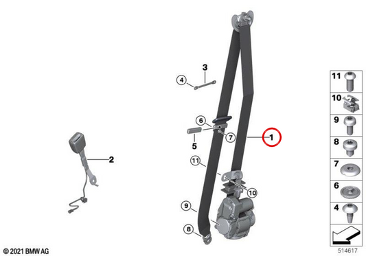 Cinto de segurança dianteiro direito OEM 72118747228 para BMW G20, G21, G28, G80, G81, G26. BMW genuíno.
