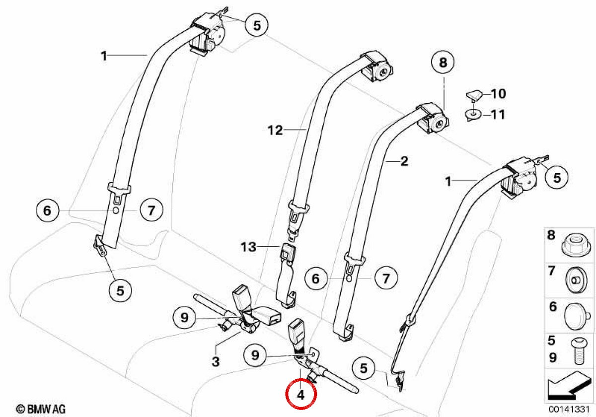 OEM 72119117261 Cintura di sicurezza posteriore per BMW E81, E82, E87, E88, E90, E91, E92, E93. BMW originale.