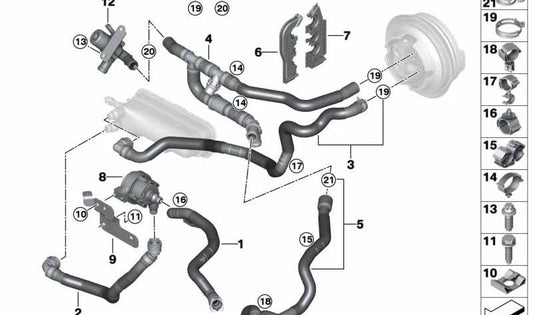 Soporte para manguera OEM 17128611440 para BMW i8 {I12,I15} y MINI Cooper SE {F56}. Compatible con modelos híbridos y eléctricos. Original BMW y MINI.