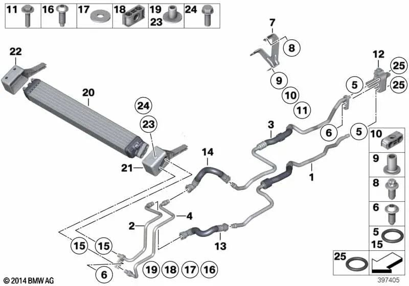 Tubería del radiador de aceite de ida para BMW F06, F01, F02 (OEM 17227980111). Original BMW