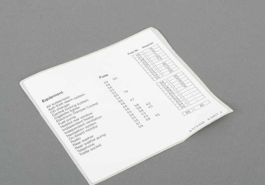 Etiqueta ubicación fusibles traseros OEM 61138373930 para BMW E39. Adhesivo original para la tapa del portafusibles trasero. Compatible con todos los modelos BMW E39. Producto original BMW.