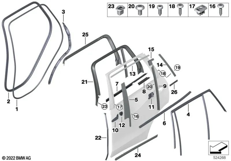 Mold da janela da porta traseira superior esquerda para BMW X7 G07, G07N (OEM 5135744111). BMW original.