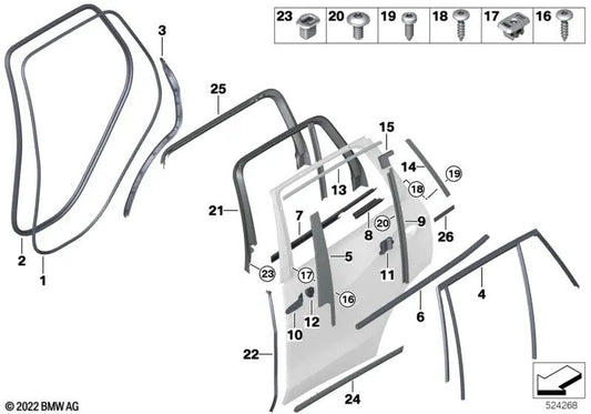 Mold da janela da porta traseira superior esquerda para BMW X7 G07, G07N (OEM 5135744111). BMW original.